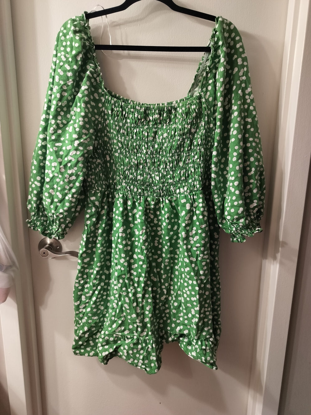 Green Polka Dot Mini Dress - Smocked Bodice